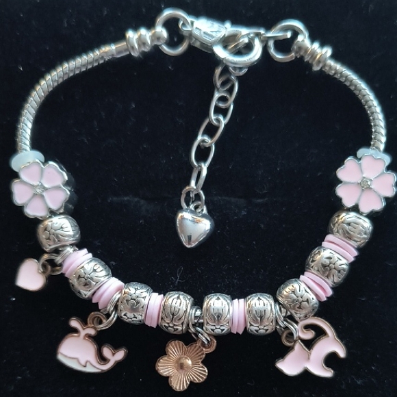 Source Unknown Jewelry - Pink Silver Tone Charm Bracelet 7.5" Whale Cat